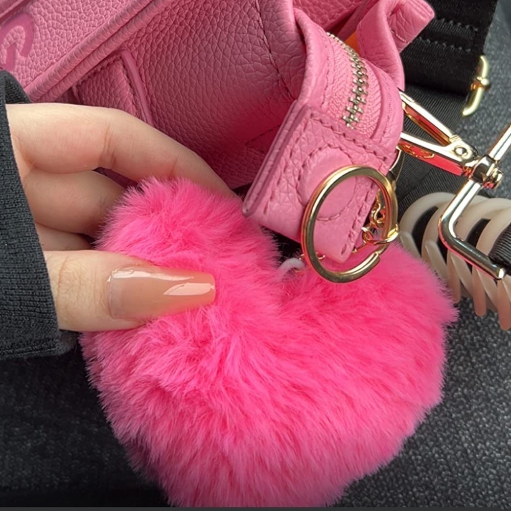 Faux fur bag charm heart fluffy hot pink